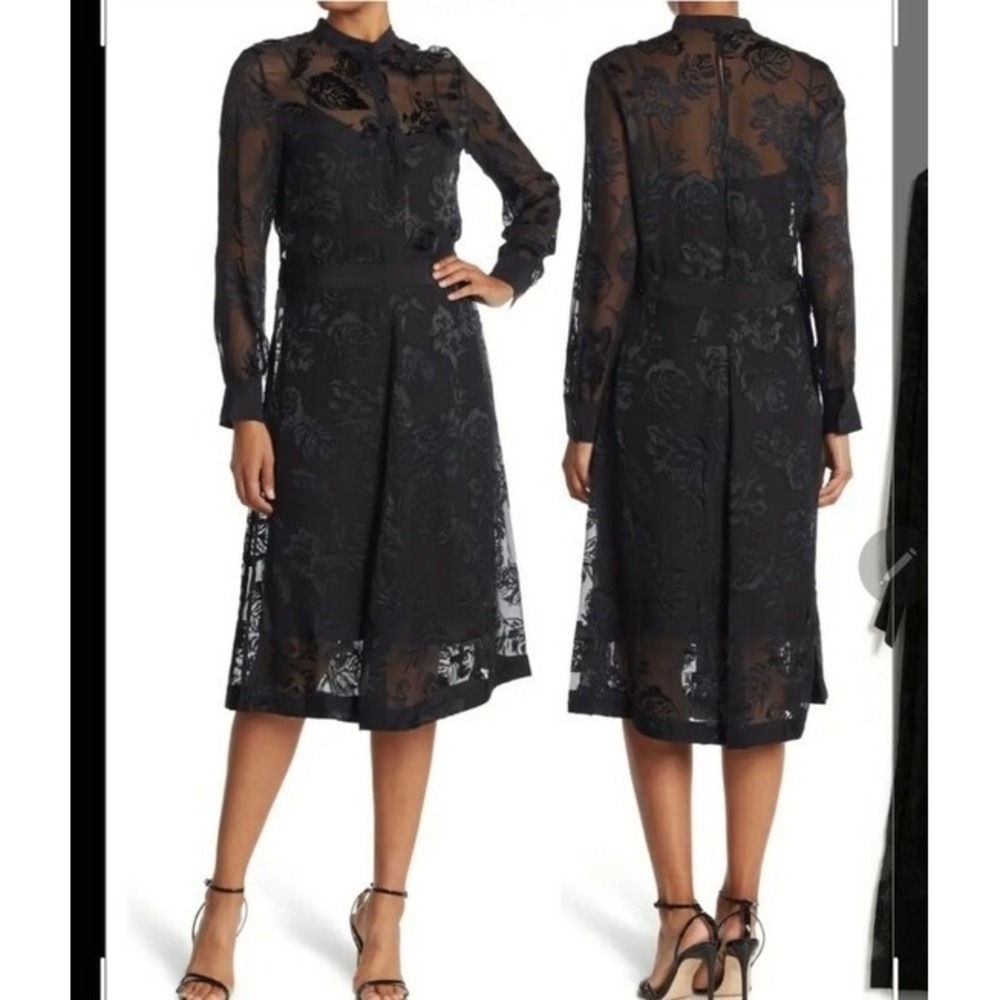 Rag & Bone Black Tallulah Sheer Burnout Floral Midi Dress Long Sleeve Size 8